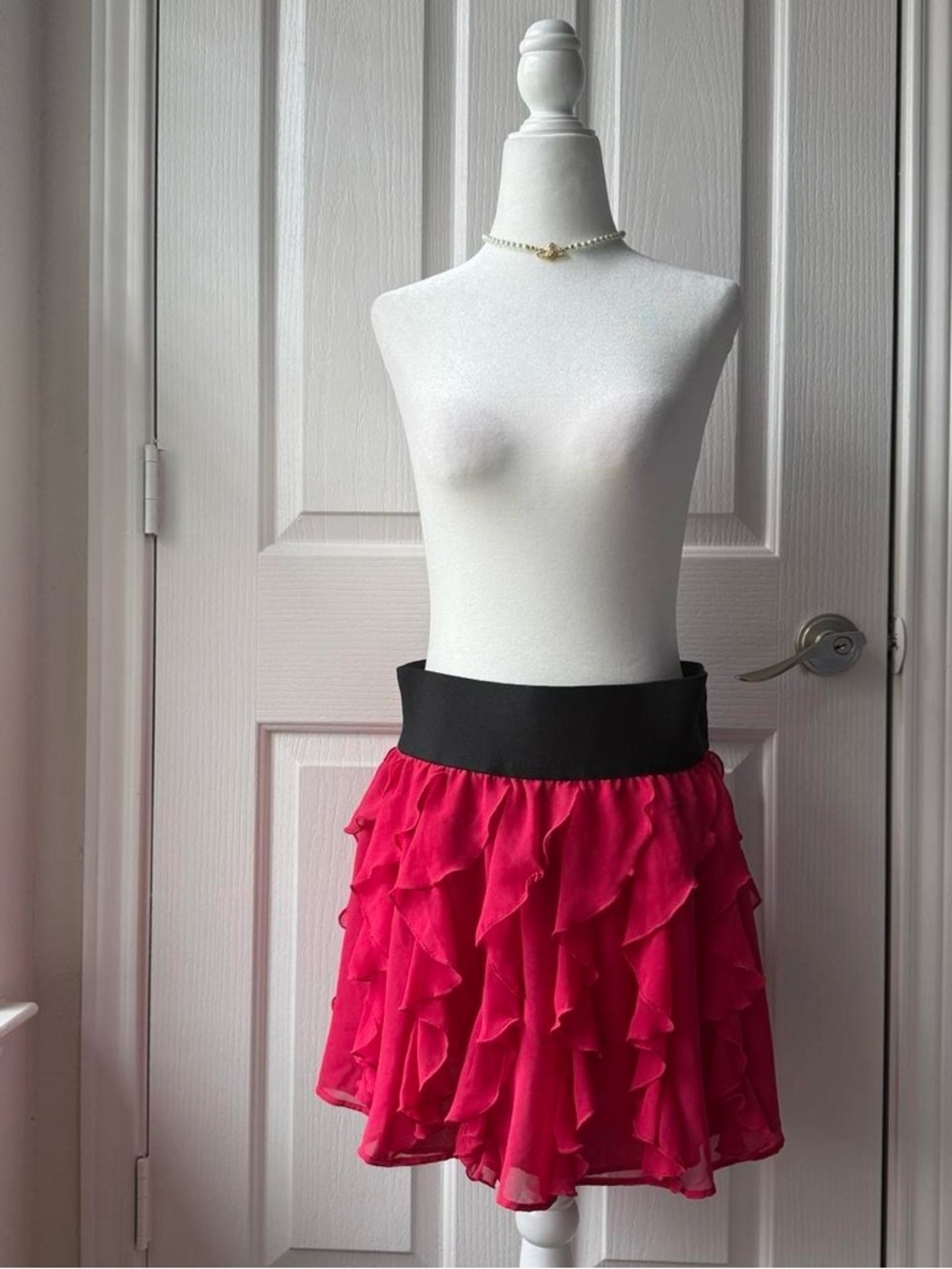 Express Hot Pink Ruffled Skater Skirt with Black Waistband